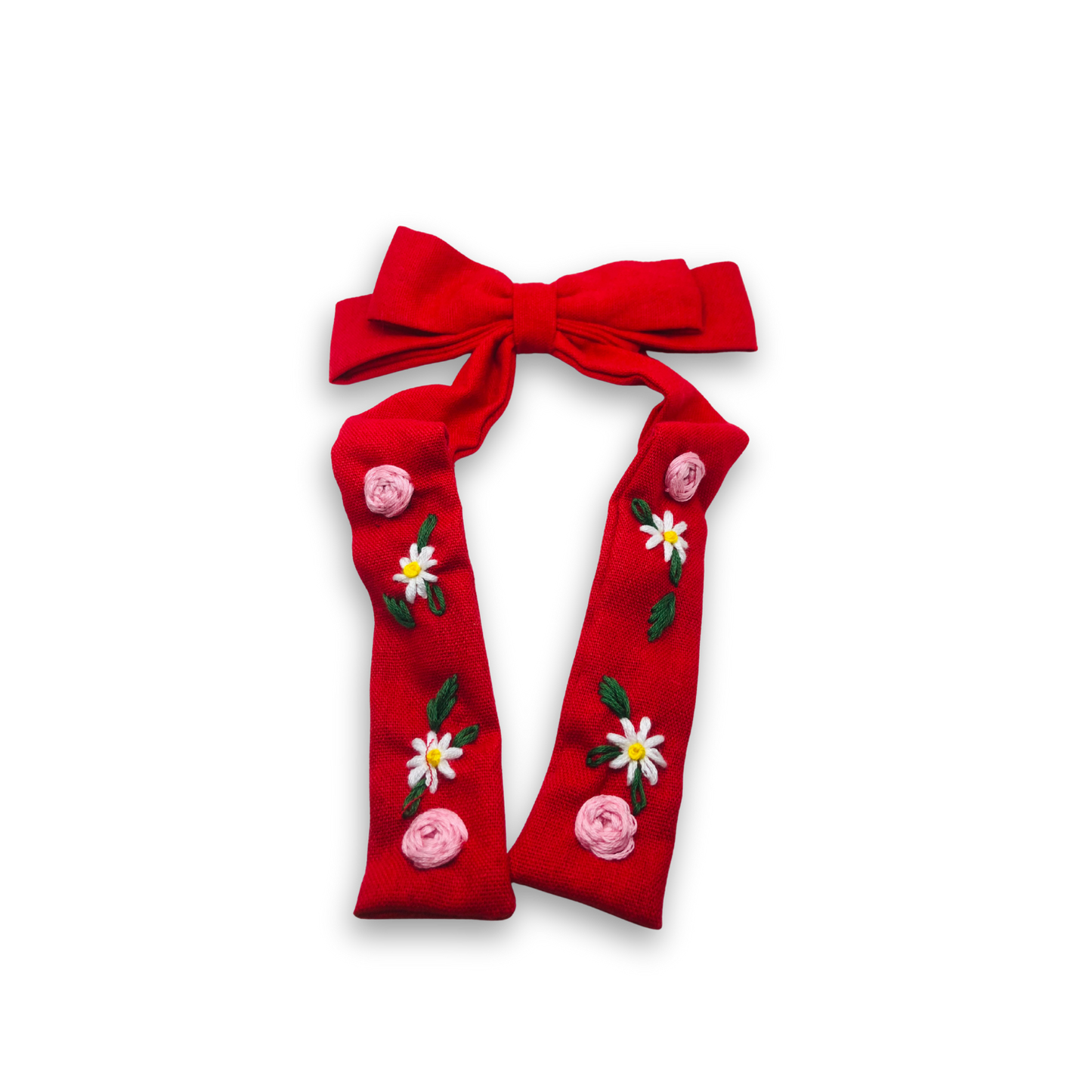 Velour Rose Long Tail Embroidered Medium Bow