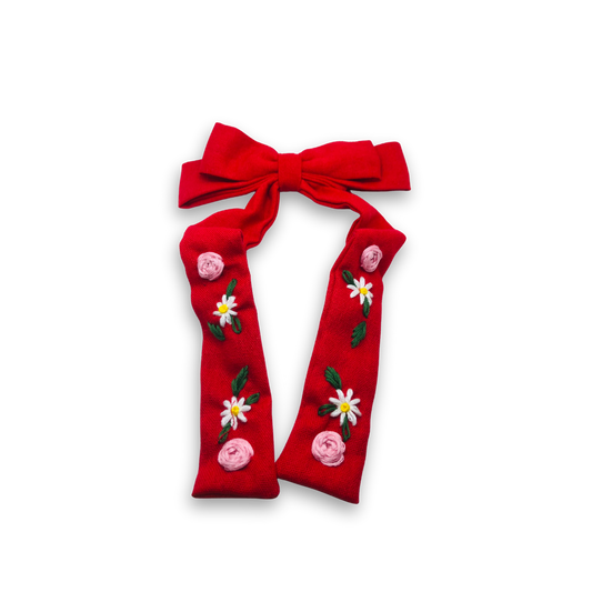 Velour Rose Long Tail Embroidered Medium Bow