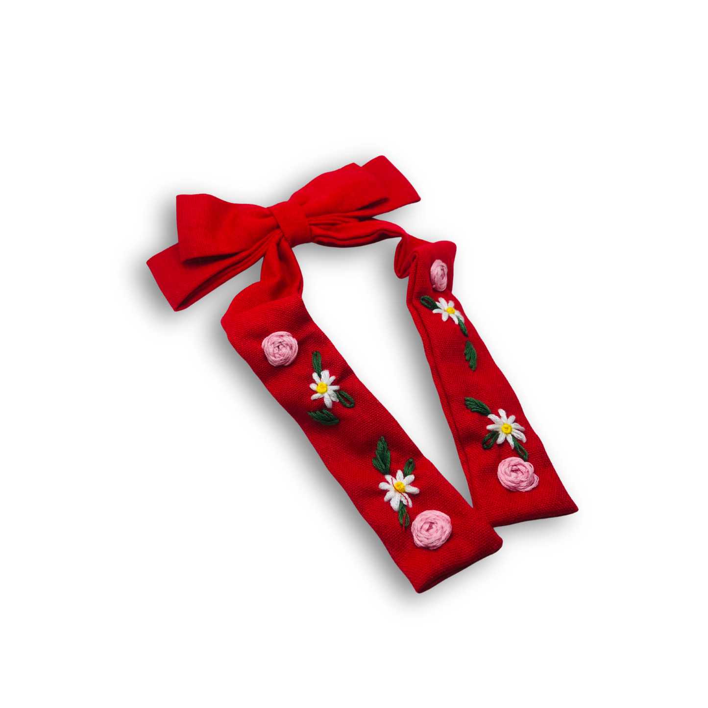 Velour Rose Long Tail Embroidered Medium Bow