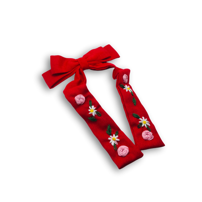 Velour Rose Long Tail Embroidered Medium Bow