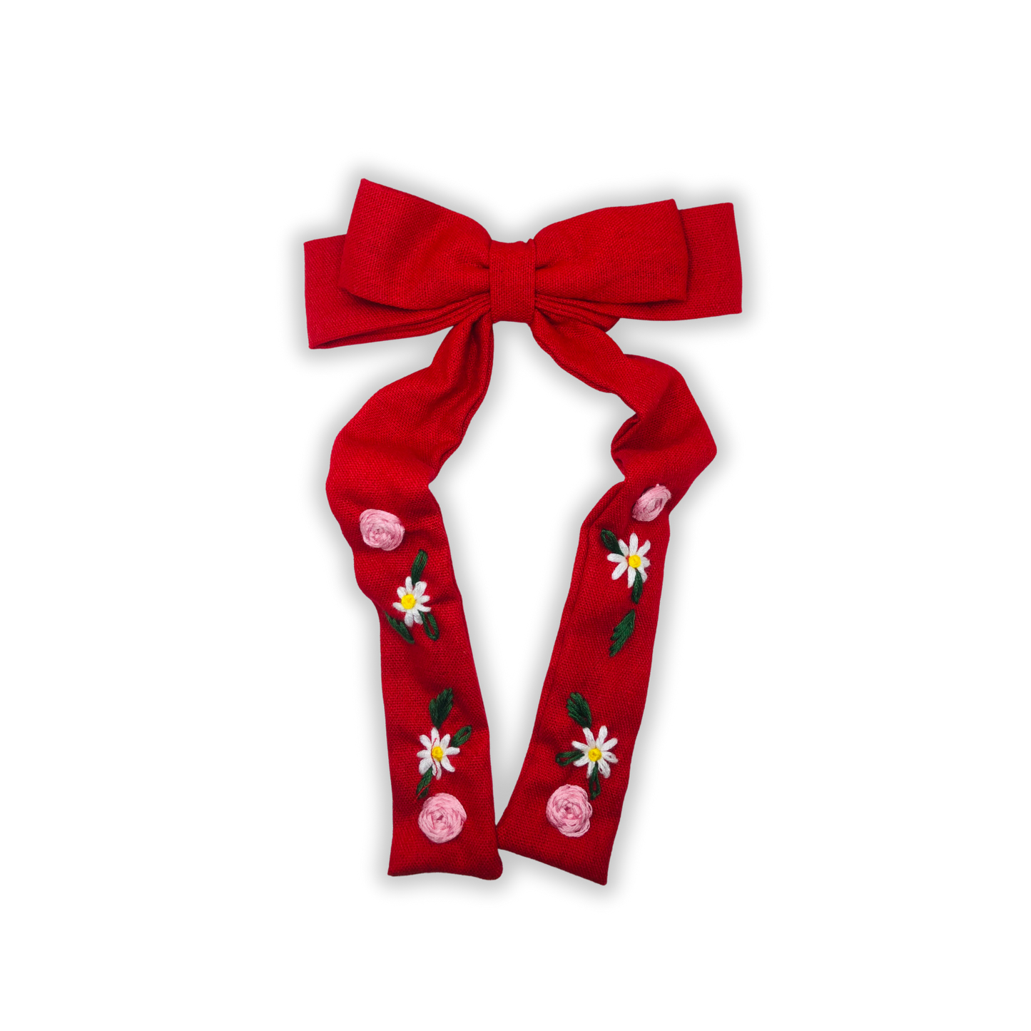 Velour Rose Long Tail Embroidered Medium Bow