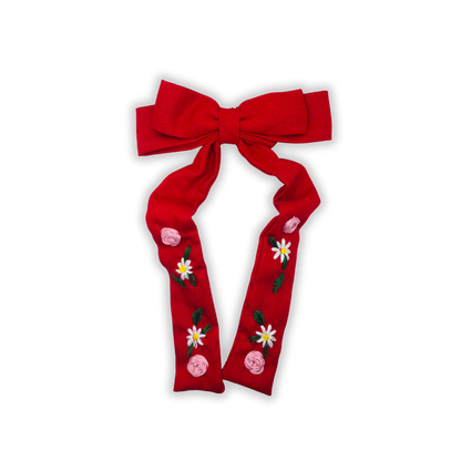 Velour Rose Long Tail Embroidered Medium Bow