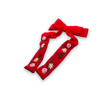 Velour Rose Long Tail Embroidered Medium Bow