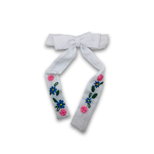 Snow Petal Long tail Embroidered Medium Bow