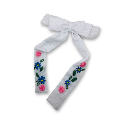 Snow Petal Long tail Embroidered Medium Bow