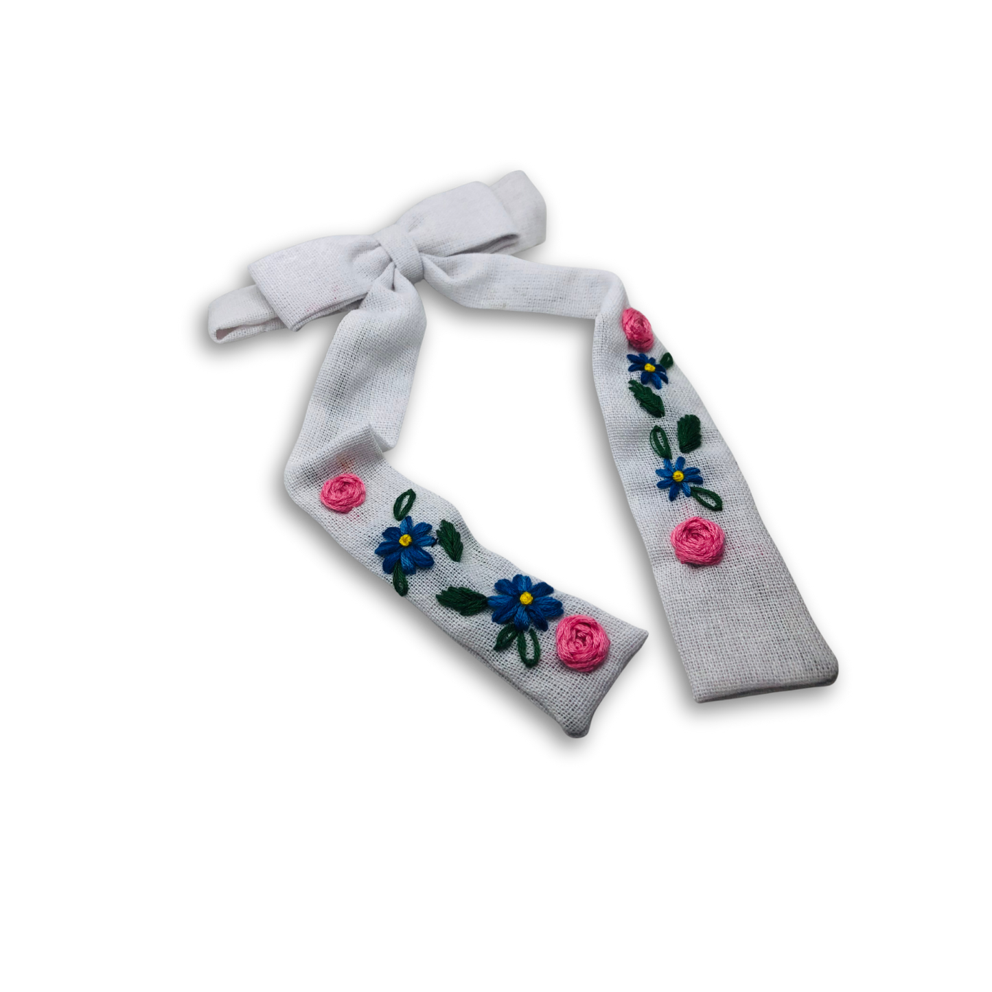 Snow Petal Long tail Embroidered Medium Bow
