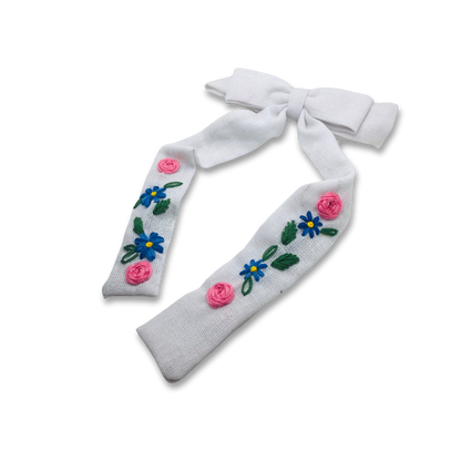 Snow Petal Long tail Embroidered Medium Bow